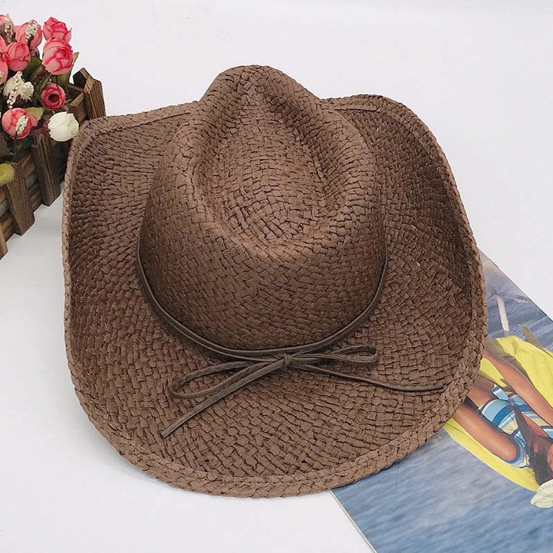 Brown and Black Paper Straw Cowboy Hat Unisex Striped Flipped Brim Wide Brim Sun Hat UV Protection Beach Cap