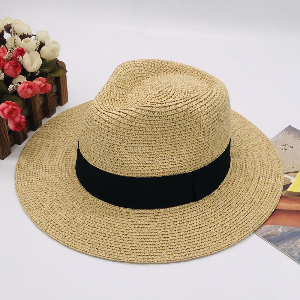 Women’s Paper Straw Panama Hat White Sun Hat Korean Style Wide Brim Summer Beach Hat UV Protection Factory Direct Supply