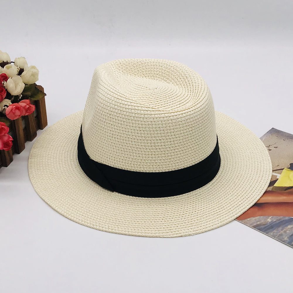 Women’s Paper Straw Panama Hat White Sun Hat Korean Style Wide Brim Summer Beach Hat UV Protection Factory Direct Supply
