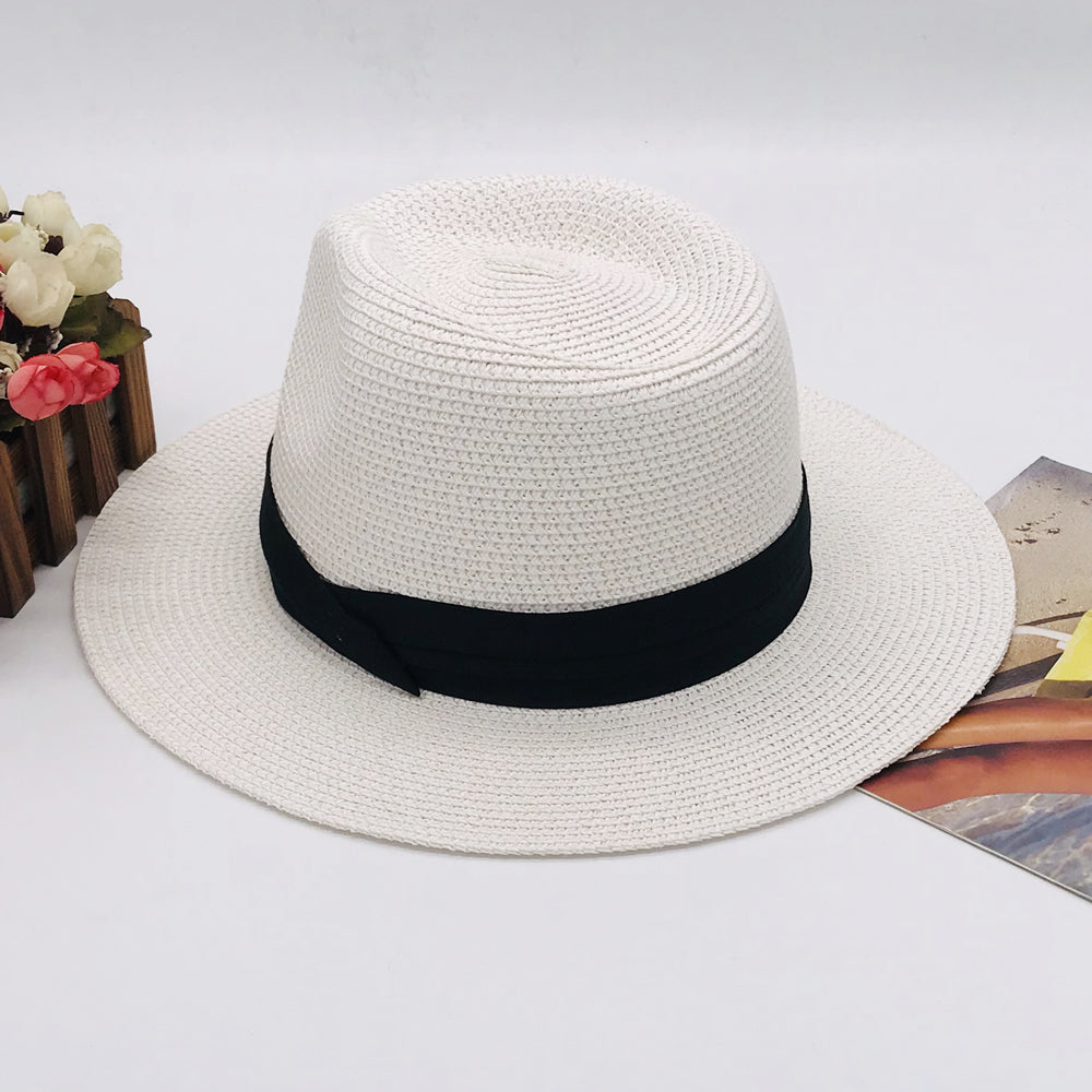 Women’s Paper Straw Panama Hat White Sun Hat Korean Style Wide Brim Summer Beach Hat UV Protection Factory Direct Supply