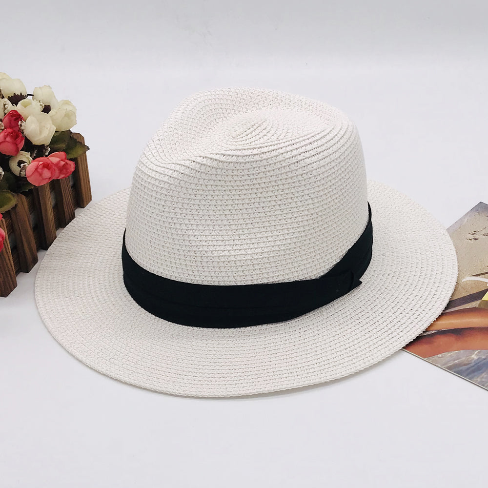 Women’s Paper Straw Panama Hat White Sun Hat Korean Style Wide Brim Summer Beach Hat UV Protection Factory Direct Supply