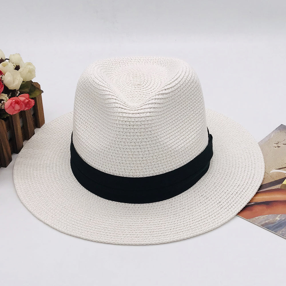 Women’s Paper Straw Panama Hat White Sun Hat Korean Style Wide Brim Summer Beach Hat UV Protection Factory Direct Supply