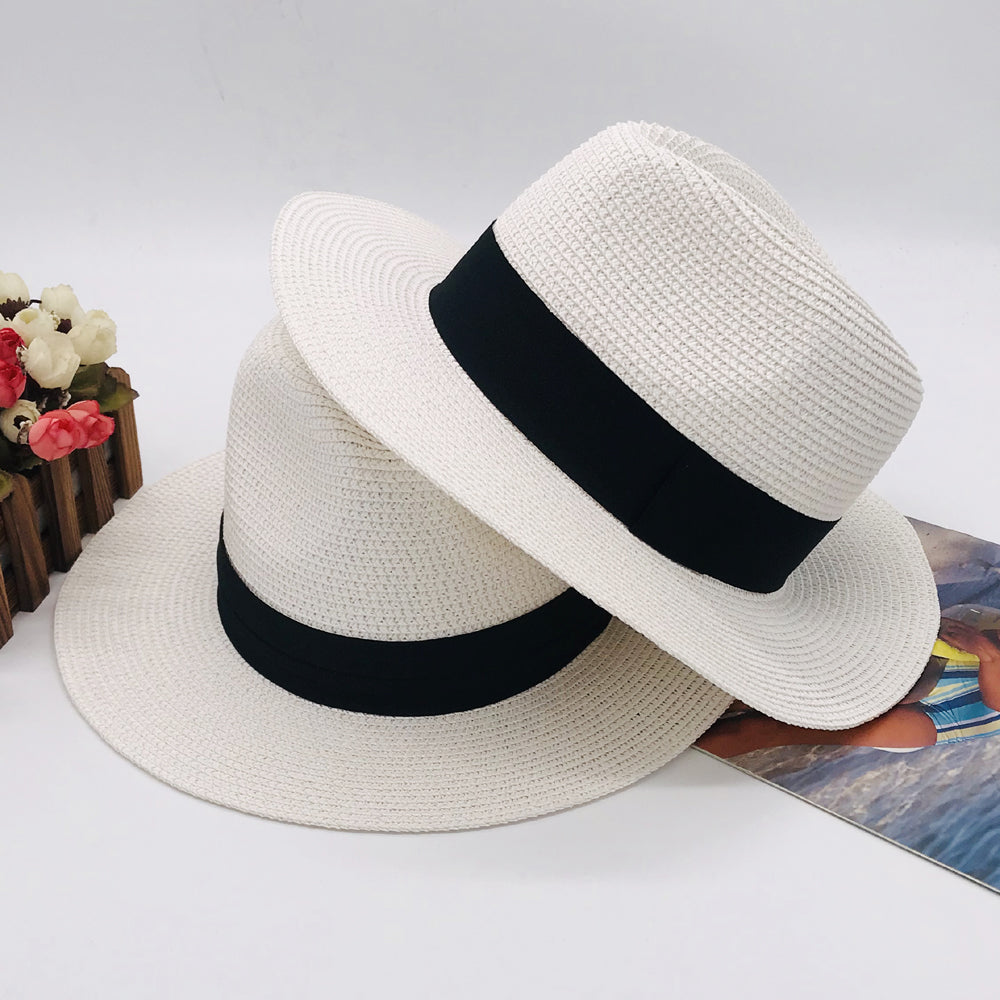 Women’s Paper Straw Panama Hat White Sun Hat Korean Style Wide Brim Summer Beach Hat UV Protection Factory Direct Supply