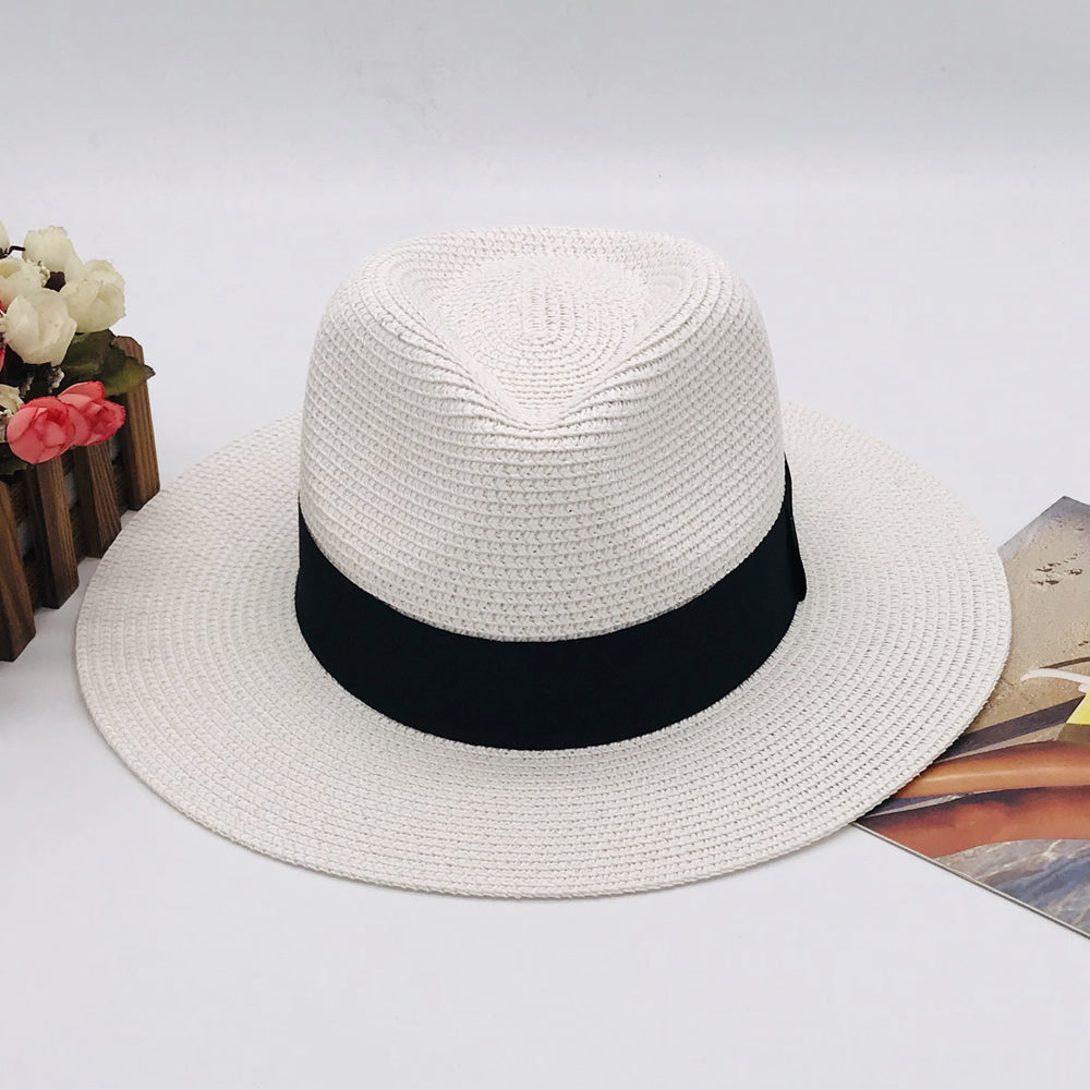 Women’s Paper Straw Panama Hat White Sun Hat Korean Style Wide Brim Summer Beach Hat UV Protection Factory Direct Supply