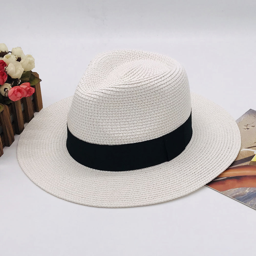 Women’s Paper Straw Panama Hat White Sun Hat Korean Style Wide Brim Summer Beach Hat UV Protection Factory Direct Supply