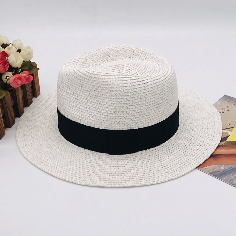 Women’s Paper Straw Panama Hat White Sun Hat Korean Style Wide Brim Summer Beach Hat UV Protection Factory Direct Supply