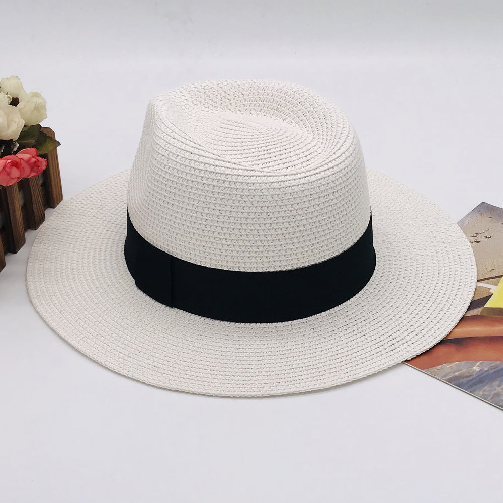 Women’s Paper Straw Panama Hat White Sun Hat Korean Style Wide Brim Summer Beach Hat UV Protection Factory Direct Supply