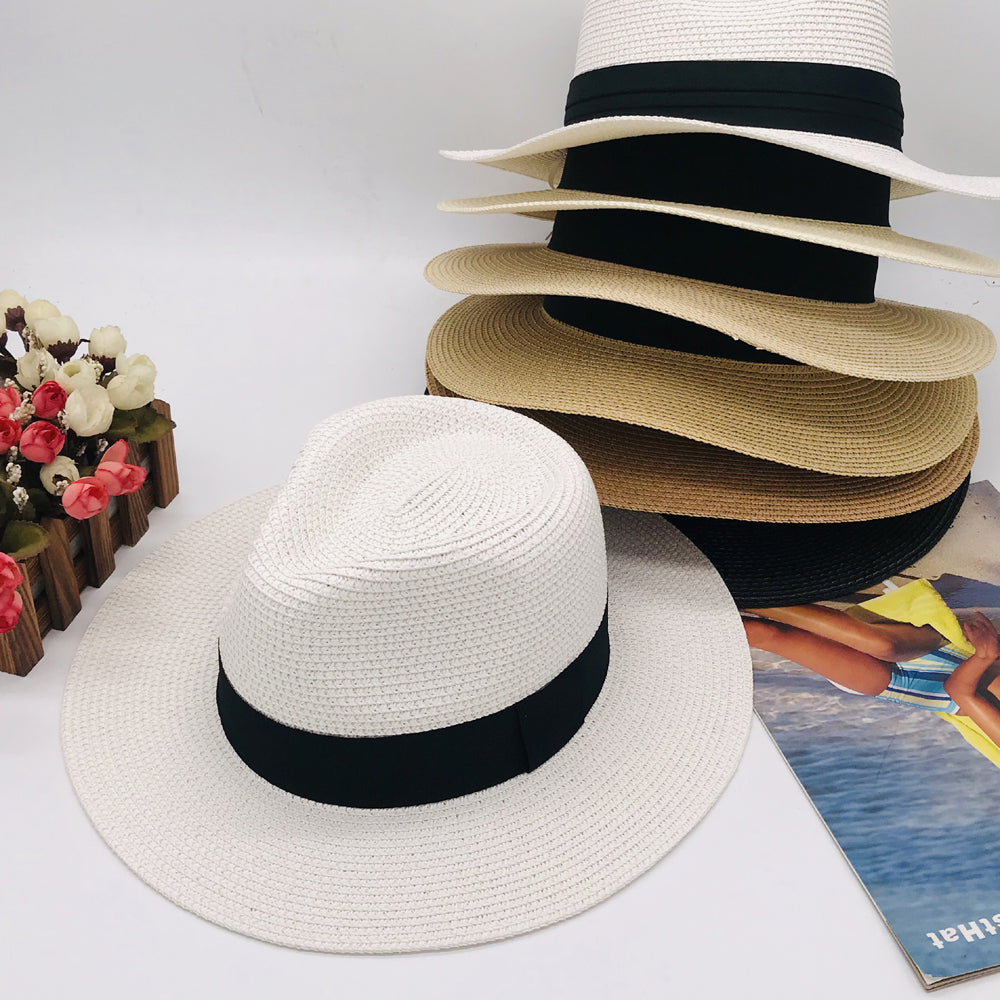 Women’s Paper Straw Panama Hat White Sun Hat Korean Style Wide Brim Summer Beach Hat UV Protection Factory Direct Supply