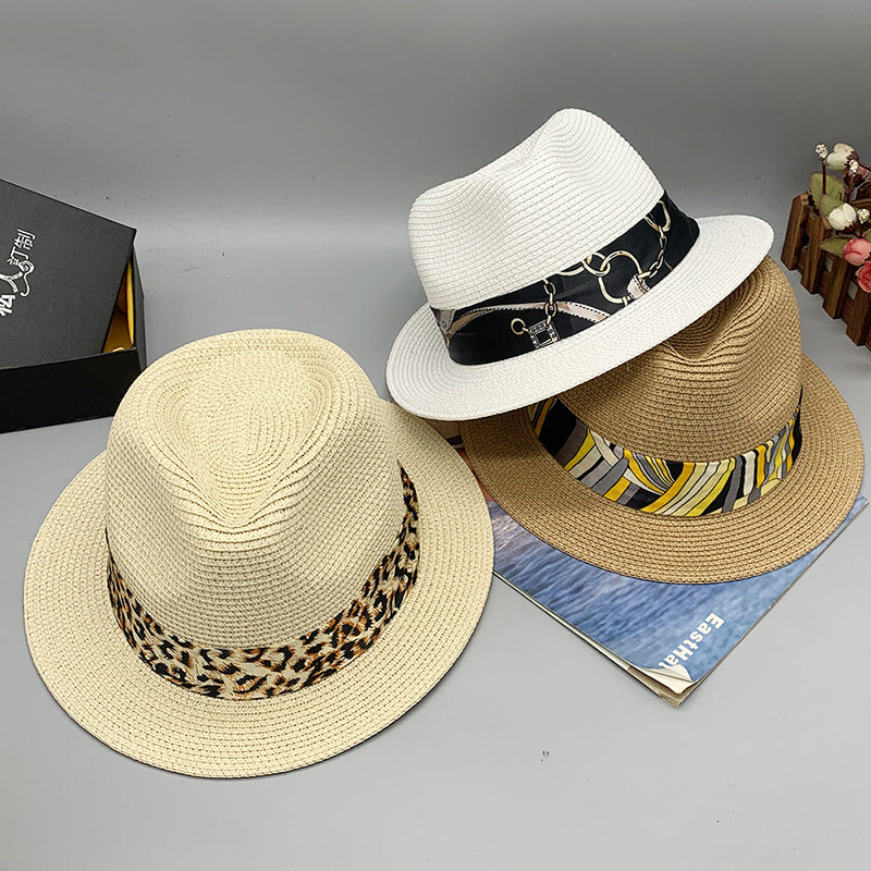 Women’s Summer Beach Sun Hat British Vintage Leopard Print Flat Brim Paper Straw Hat Elegant Fashion Vacation Fedora Cap