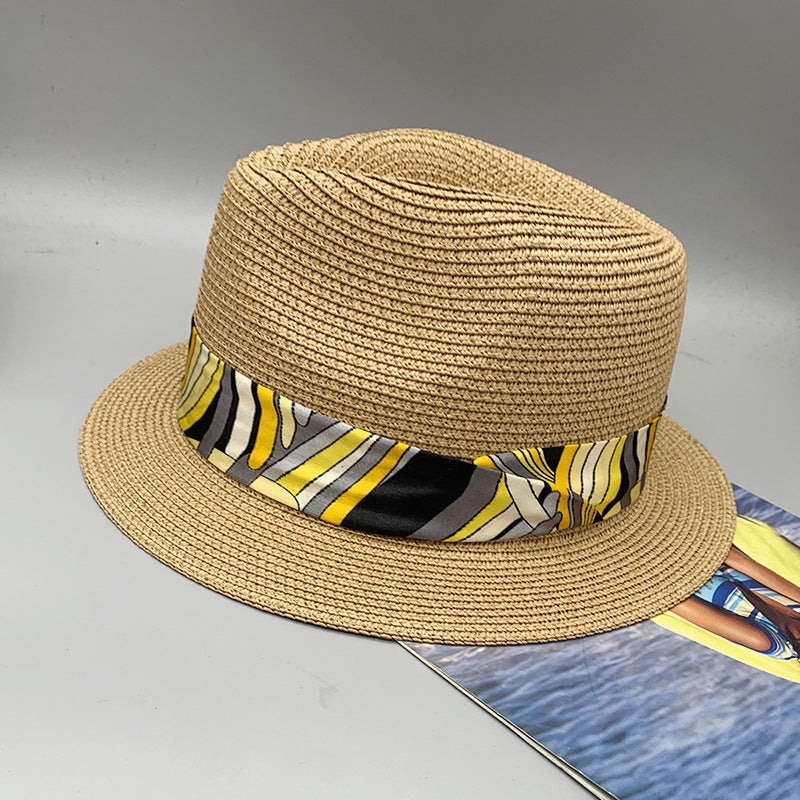 Women’s Summer Beach Sun Hat British Vintage Leopard Print Flat Brim Paper Straw Hat Elegant Fashion Vacation Fedora Cap