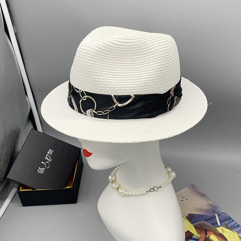 Women’s Summer Beach Sun Hat British Vintage Leopard Print Flat Brim Paper Straw Hat Elegant Fashion Vacation Fedora Cap