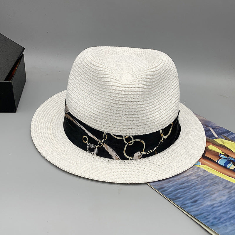 Women’s Summer Beach Sun Hat British Vintage Leopard Print Flat Brim Paper Straw Hat Elegant Fashion Vacation Fedora Cap