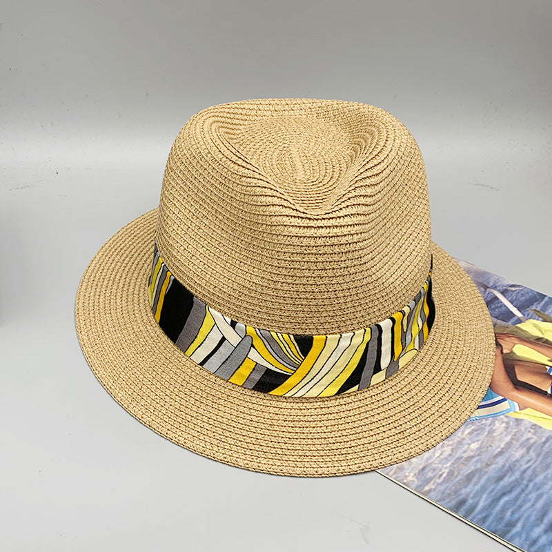 Women’s Summer Beach Sun Hat British Vintage Leopard Print Flat Brim Paper Straw Hat Elegant Fashion Vacation Fedora Cap