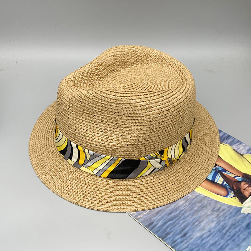 Women’s Summer Beach Sun Hat British Vintage Leopard Print Flat Brim Paper Straw Hat Elegant Fashion Vacation Fedora Cap