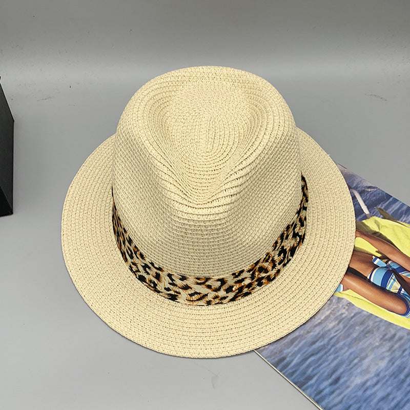 Women’s Summer Beach Sun Hat British Vintage Leopard Print Flat Brim Paper Straw Hat Elegant Fashion Vacation Fedora Cap
