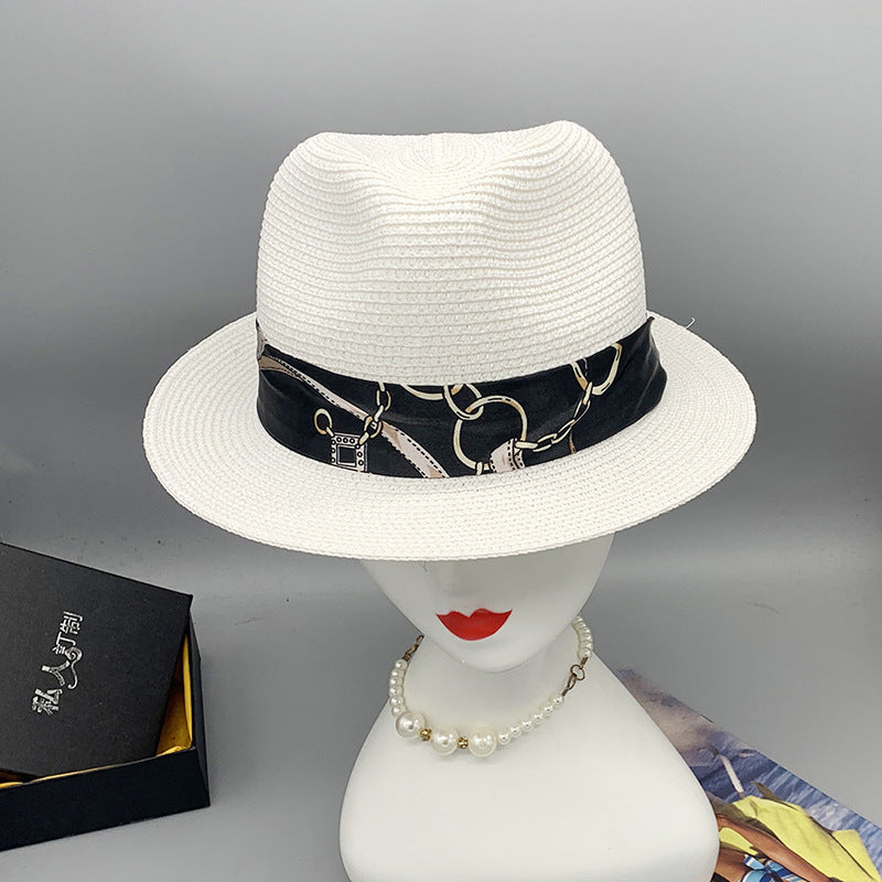 Women’s Summer Beach Sun Hat British Vintage Leopard Print Flat Brim Paper Straw Hat Elegant Fashion Vacation Fedora Cap