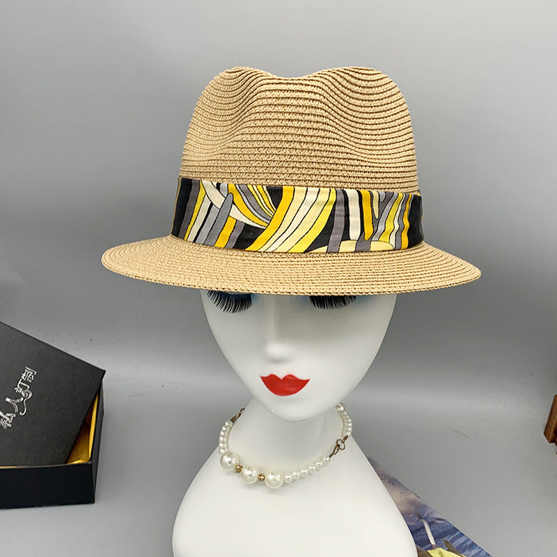 Women’s Summer Beach Sun Hat British Vintage Leopard Print Flat Brim Paper Straw Hat Elegant Fashion Vacation Fedora Cap