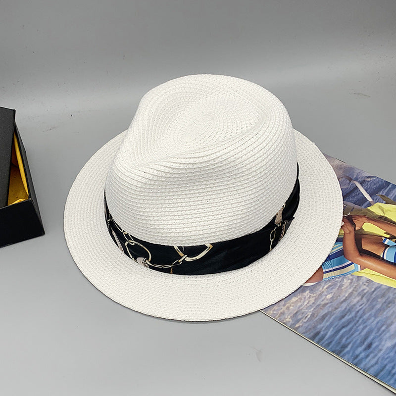 Women’s Summer Beach Sun Hat British Vintage Leopard Print Flat Brim Paper Straw Hat Elegant Fashion Vacation Fedora Cap
