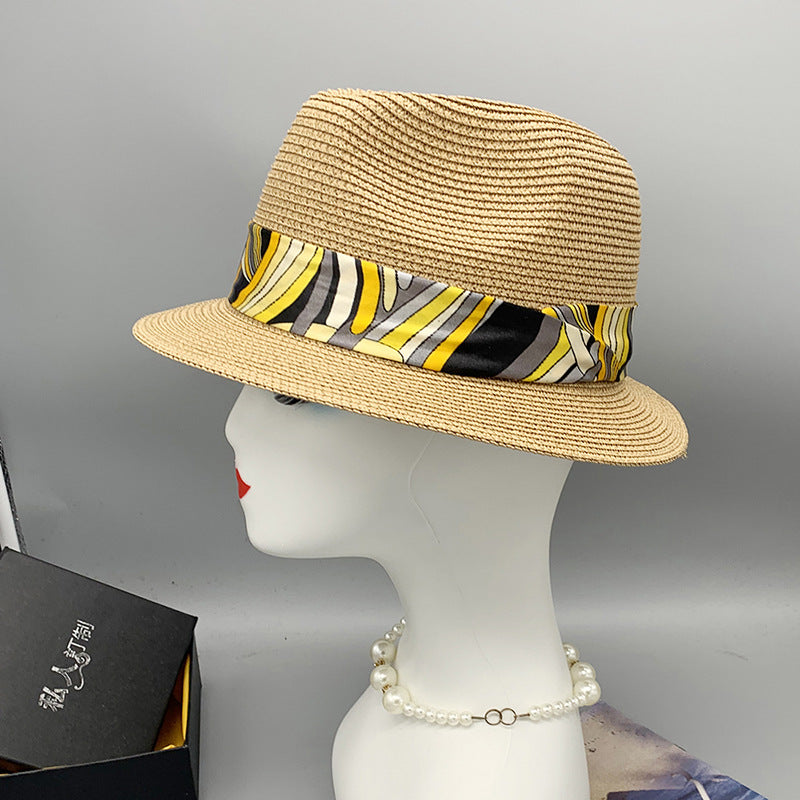 Women’s Summer Beach Sun Hat British Vintage Leopard Print Flat Brim Paper Straw Hat Elegant Fashion Vacation Fedora Cap