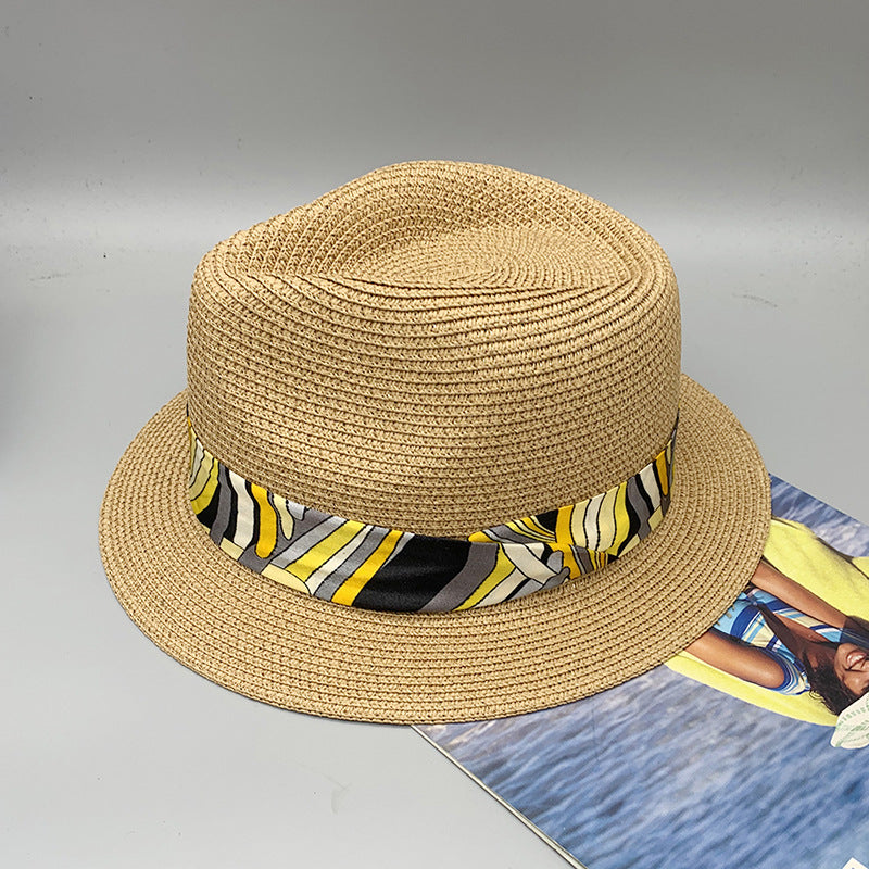 Women’s Summer Beach Sun Hat British Vintage Leopard Print Flat Brim Paper Straw Hat Elegant Fashion Vacation Fedora Cap