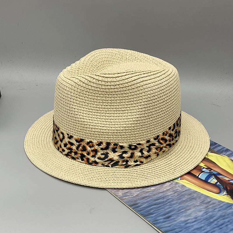 Women’s Summer Beach Sun Hat British Vintage Leopard Print Flat Brim Paper Straw Hat Elegant Fashion Vacation Fedora Cap