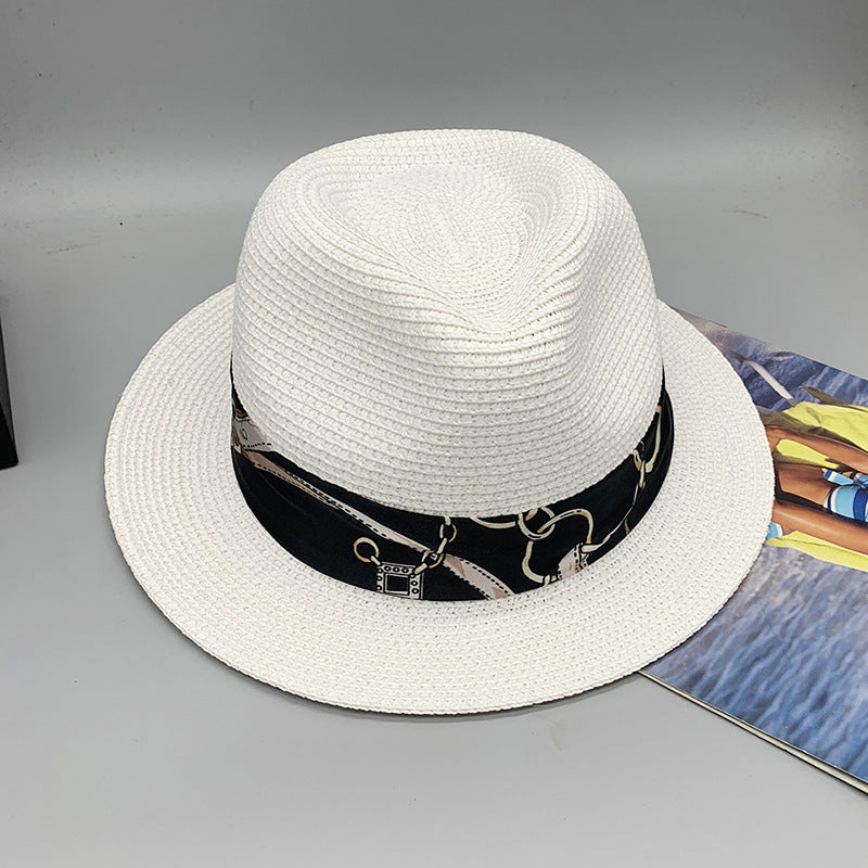 Women’s Summer Beach Sun Hat British Vintage Leopard Print Flat Brim Paper Straw Hat Elegant Fashion Vacation Fedora Cap
