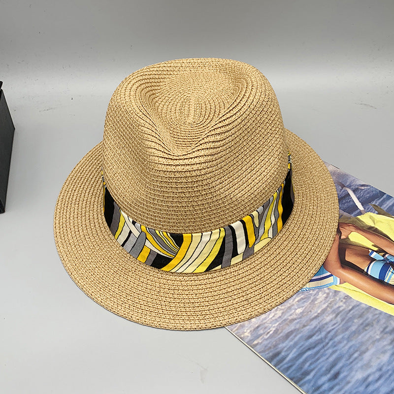 Women’s Summer Beach Sun Hat British Vintage Leopard Print Flat Brim Paper Straw Hat Elegant Fashion Vacation Fedora Cap