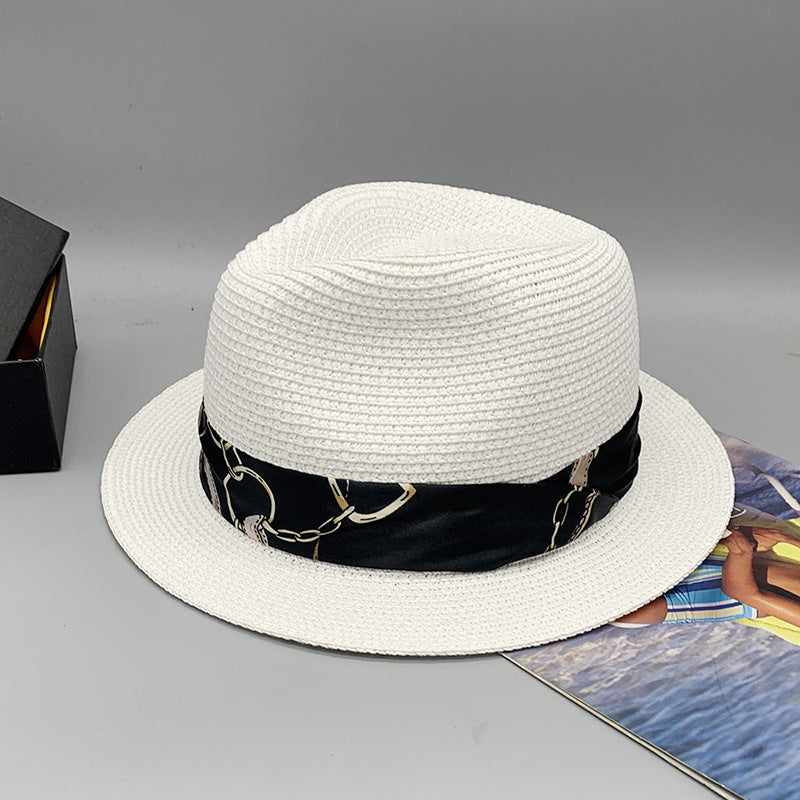 Women’s Summer Beach Sun Hat British Vintage Leopard Print Flat Brim Paper Straw Hat Elegant Fashion Vacation Fedora Cap