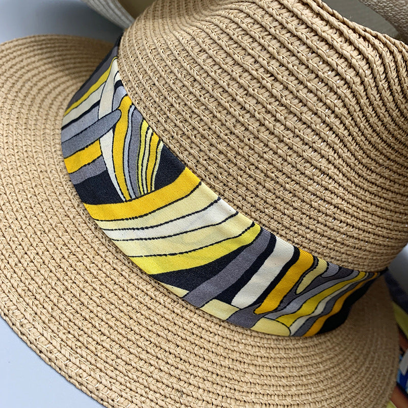 Women’s Summer Beach Sun Hat British Vintage Leopard Print Flat Brim Paper Straw Hat Elegant Fashion Vacation Fedora Cap