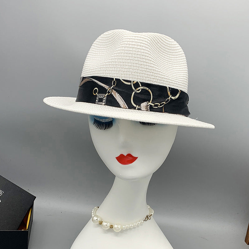Women’s Summer Beach Sun Hat British Vintage Leopard Print Flat Brim Paper Straw Hat Elegant Fashion Vacation Fedora Cap