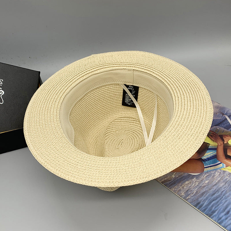 Women’s Summer Beach Sun Hat British Vintage Leopard Print Flat Brim Paper Straw Hat Elegant Fashion Vacation Fedora Cap
