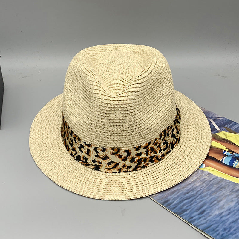 Women’s Summer Beach Sun Hat British Vintage Leopard Print Flat Brim Paper Straw Hat Elegant Fashion Vacation Fedora Cap