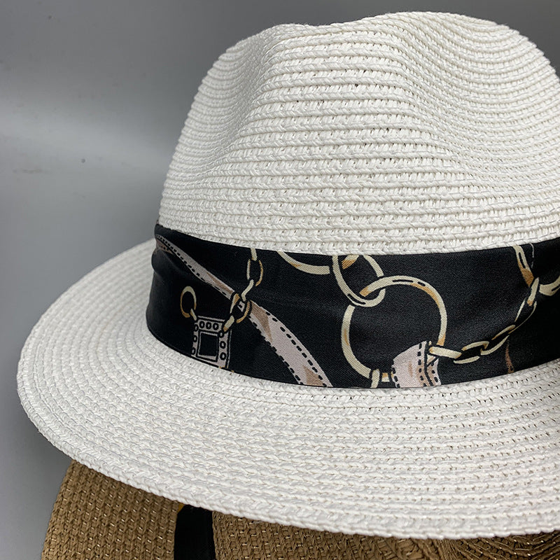 Women’s Summer Beach Sun Hat British Vintage Leopard Print Flat Brim Paper Straw Hat Elegant Fashion Vacation Fedora Cap