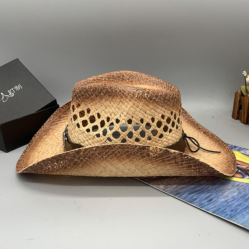 Western Raffie Straw Cowboy Hat for Men and Women Wide Brim Sun Hat Outdoor Beach UV Protection Summer Travel Cap