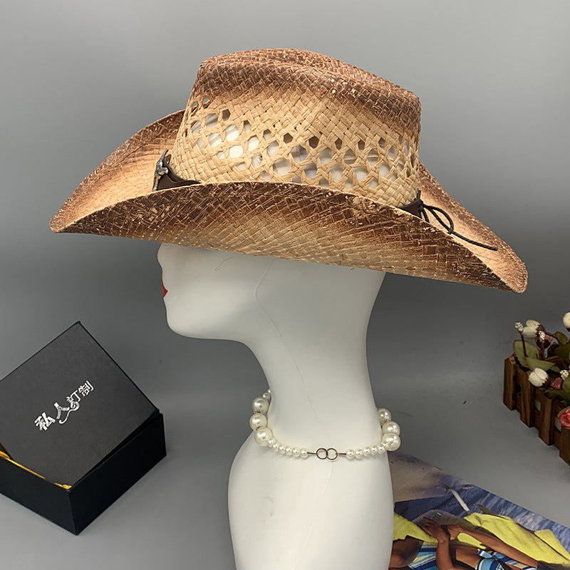 Western Raffie Straw Cowboy Hat for Men and Women Wide Brim Sun Hat Outdoor Beach UV Protection Summer Travel Cap