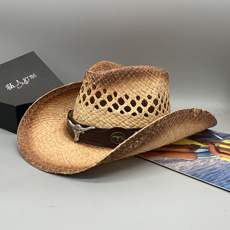 Western Raffie Straw Cowboy Hat for Men and Women Wide Brim Sun Hat Outdoor Beach UV Protection Summer Travel Cap