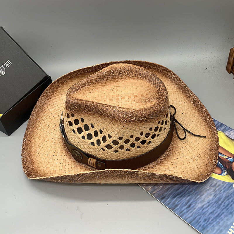 Western Raffie Straw Cowboy Hat for Men and Women Wide Brim Sun Hat Outdoor Beach UV Protection Summer Travel Cap