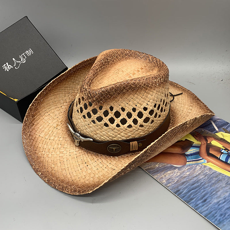 Western Raffie Straw Cowboy Hat for Men and Women Wide Brim Sun Hat Outdoor Beach UV Protection Summer Travel Cap