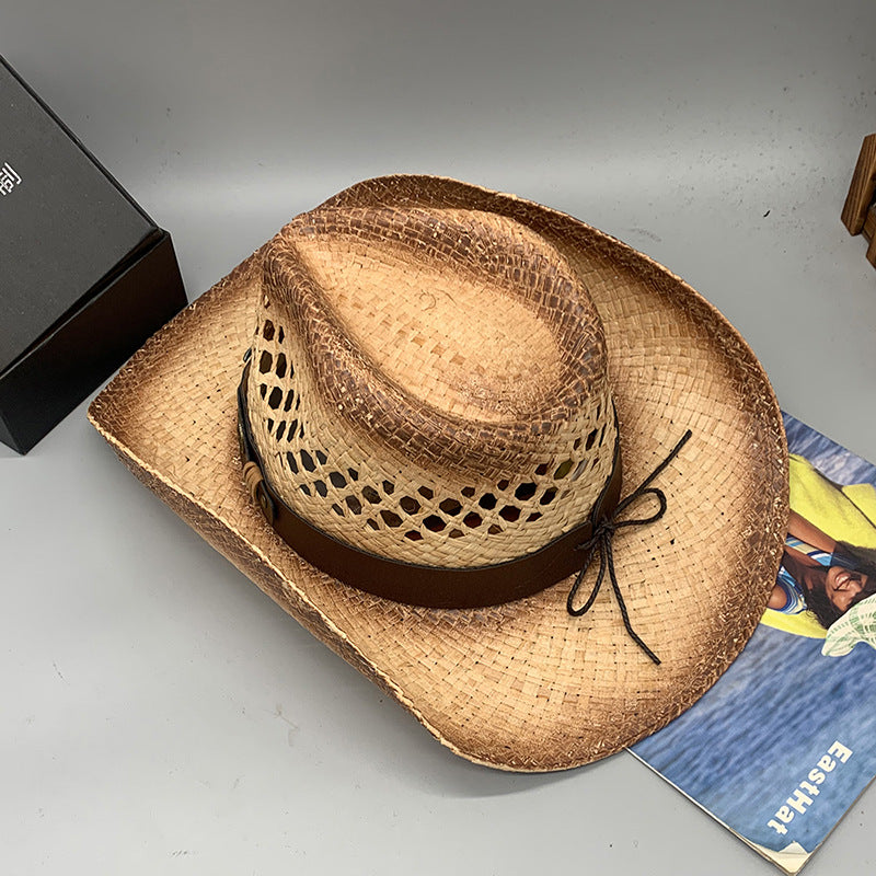 Western Raffie Straw Cowboy Hat for Men and Women Wide Brim Sun Hat Outdoor Beach UV Protection Summer Travel Cap