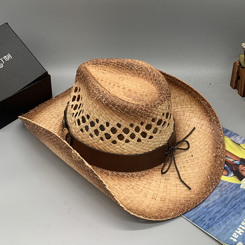 Western Raffie Straw Cowboy Hat for Men and Women Wide Brim Sun Hat Outdoor Beach UV Protection Summer Travel Cap