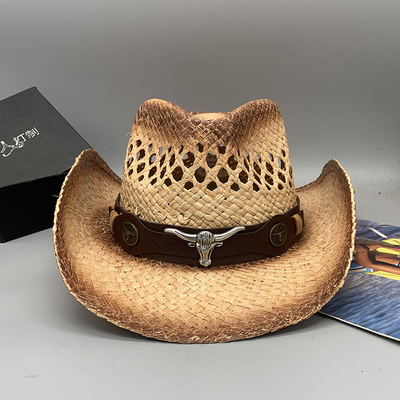 Western Raffie Straw Cowboy Hat for Men and Women Wide Brim Sun Hat Outdoor Beach UV Protection Summer Travel Cap