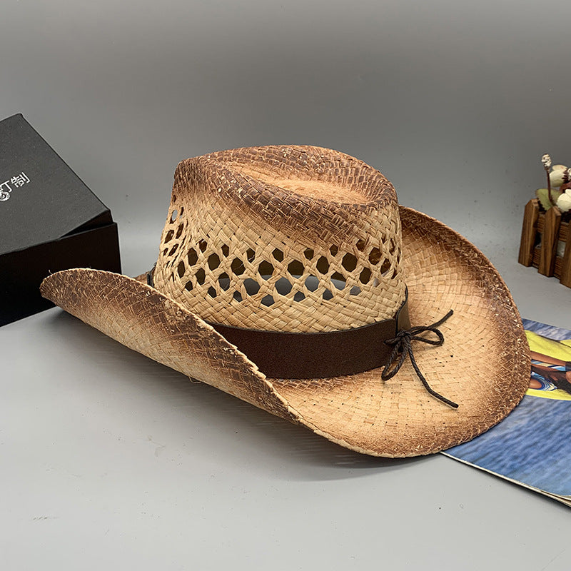 Western Raffie Straw Cowboy Hat for Men and Women Wide Brim Sun Hat Outdoor Beach UV Protection Summer Travel Cap