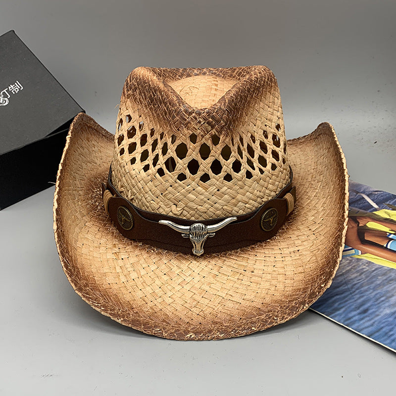 Western Raffie Straw Cowboy Hat for Men and Women Wide Brim Sun Hat Outdoor Beach UV Protection Summer Travel Cap