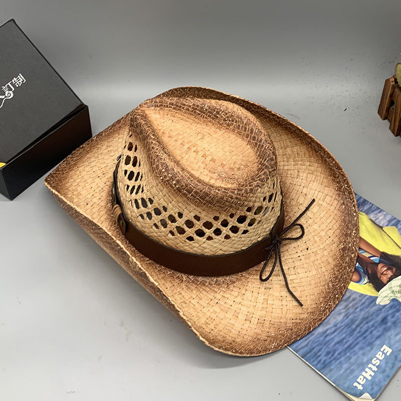 Western Raffie Straw Cowboy Hat for Men and Women Wide Brim Sun Hat Outdoor Beach UV Protection Summer Travel Cap