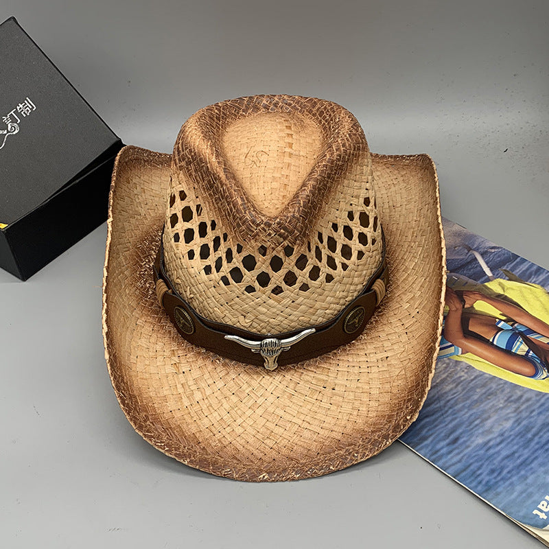 Western Raffie Straw Cowboy Hat for Men and Women Wide Brim Sun Hat Outdoor Beach UV Protection Summer Travel Cap