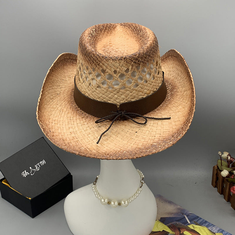 Western Raffie Straw Cowboy Hat for Men and Women Wide Brim Sun Hat Outdoor Beach UV Protection Summer Travel Cap