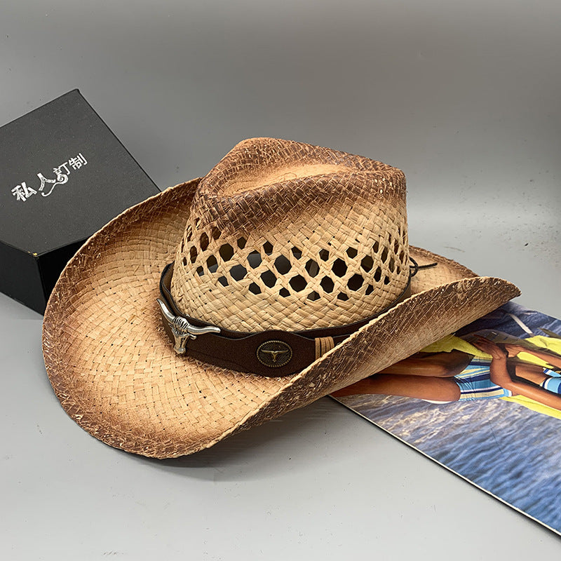 Western Raffie Straw Cowboy Hat for Men and Women Wide Brim Sun Hat Outdoor Beach UV Protection Summer Travel Cap
