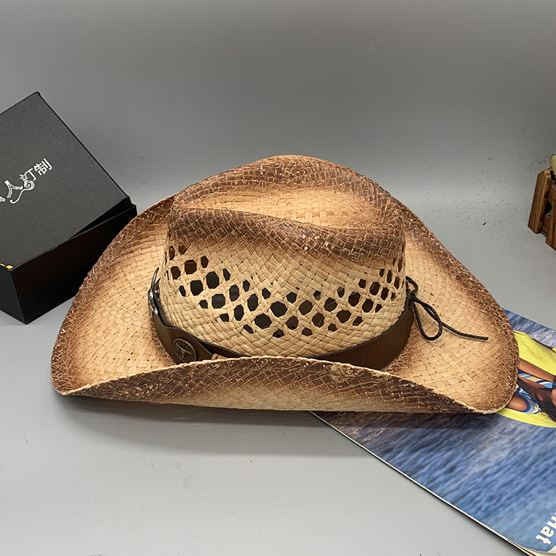 Western Raffie Straw Cowboy Hat for Men and Women Wide Brim Sun Hat Outdoor Beach UV Protection Summer Travel Cap