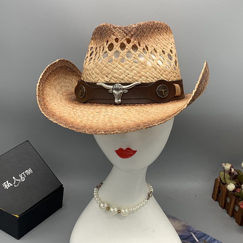 Western Raffie Straw Cowboy Hat for Men and Women Wide Brim Sun Hat Outdoor Beach UV Protection Summer Travel Cap