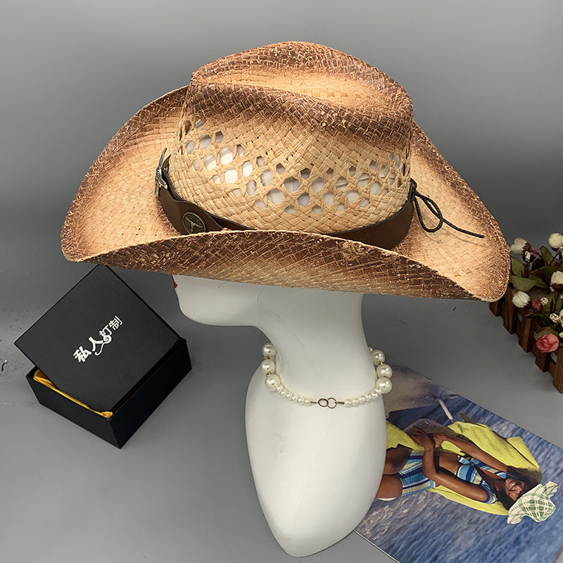 Western Raffie Straw Cowboy Hat for Men and Women Wide Brim Sun Hat Outdoor Beach UV Protection Summer Travel Cap